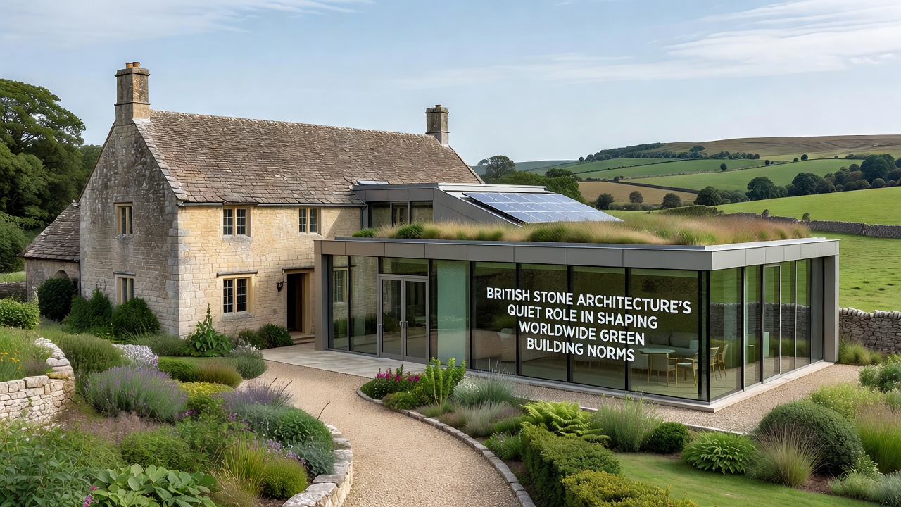 Modern sustainable building incorporating British stone techniques for thermal mass and regional material use