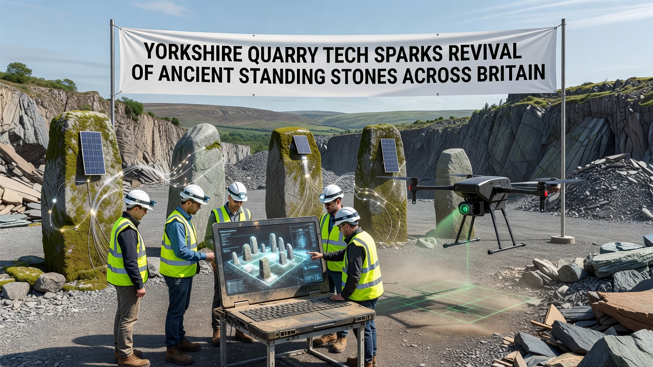 Restored standing stones at a British megalith site showing precise modern fitting techniques