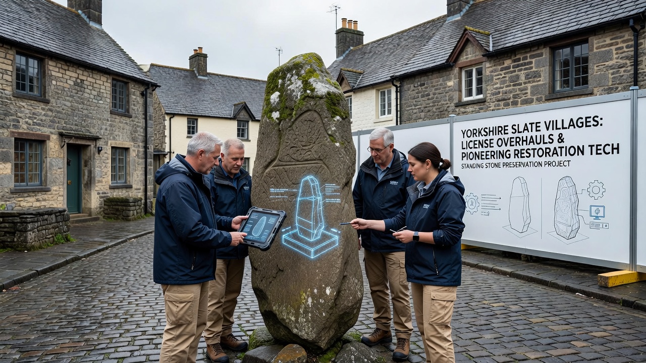 Technicians applying advanced restoration technology to a standing stone monument in a Yorkshire landscape